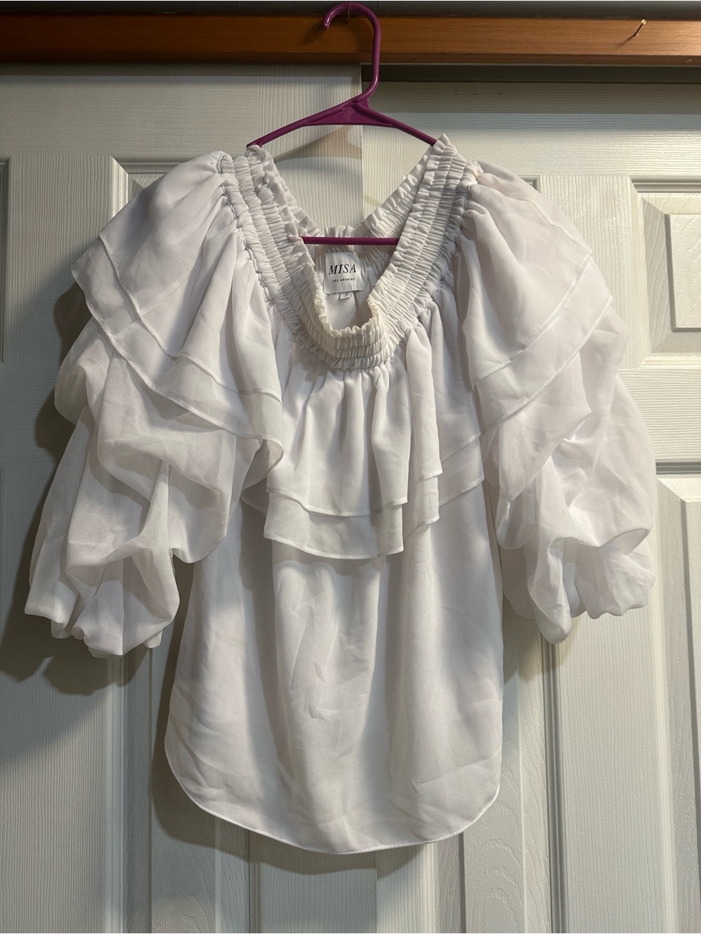 Misa Los Angeles White Tiered Ruffle Puff-Sleeve Blouse